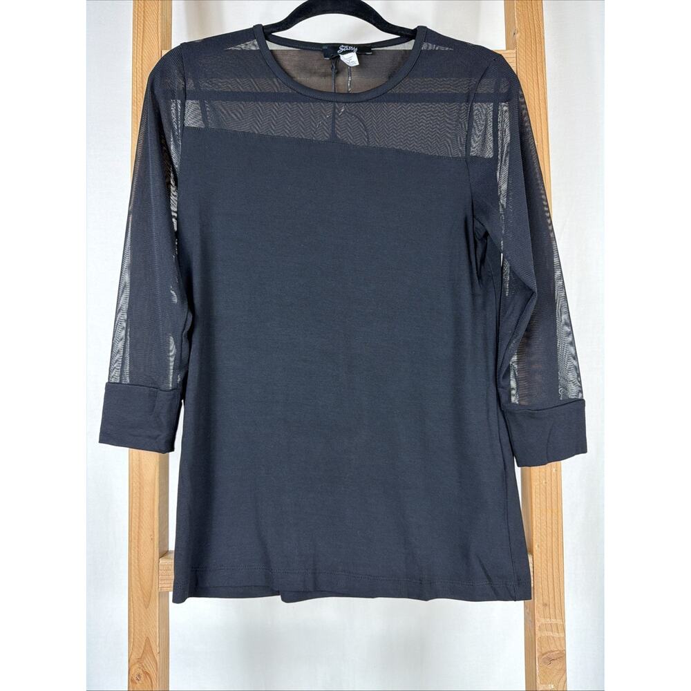 NWT Sassy Black Sheer Mesh Neck 3/4 Modal Body Top #1145 Size SM
